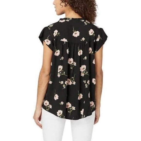 Buffalo David Bitton Size Medium Flutter Sleeve Floral Blouse Top Black Poppy - Picture 2 of 10